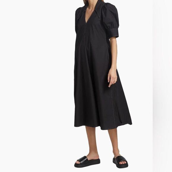 Ganni Cotton Poplin V-Neck Midi Dress, Size Medium - Picture 3 of 7